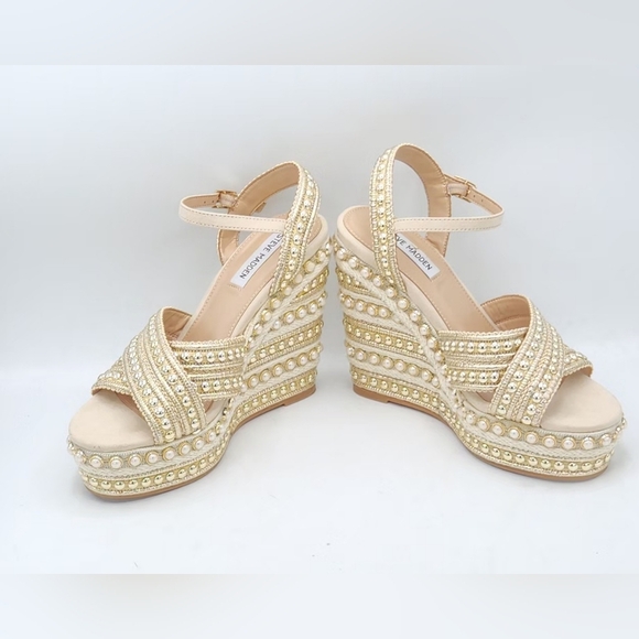 Steve Madden Juniper Raffia Platform Gold Pearls Accent Wedge Sandals Size 11. - Picture 16 of 16